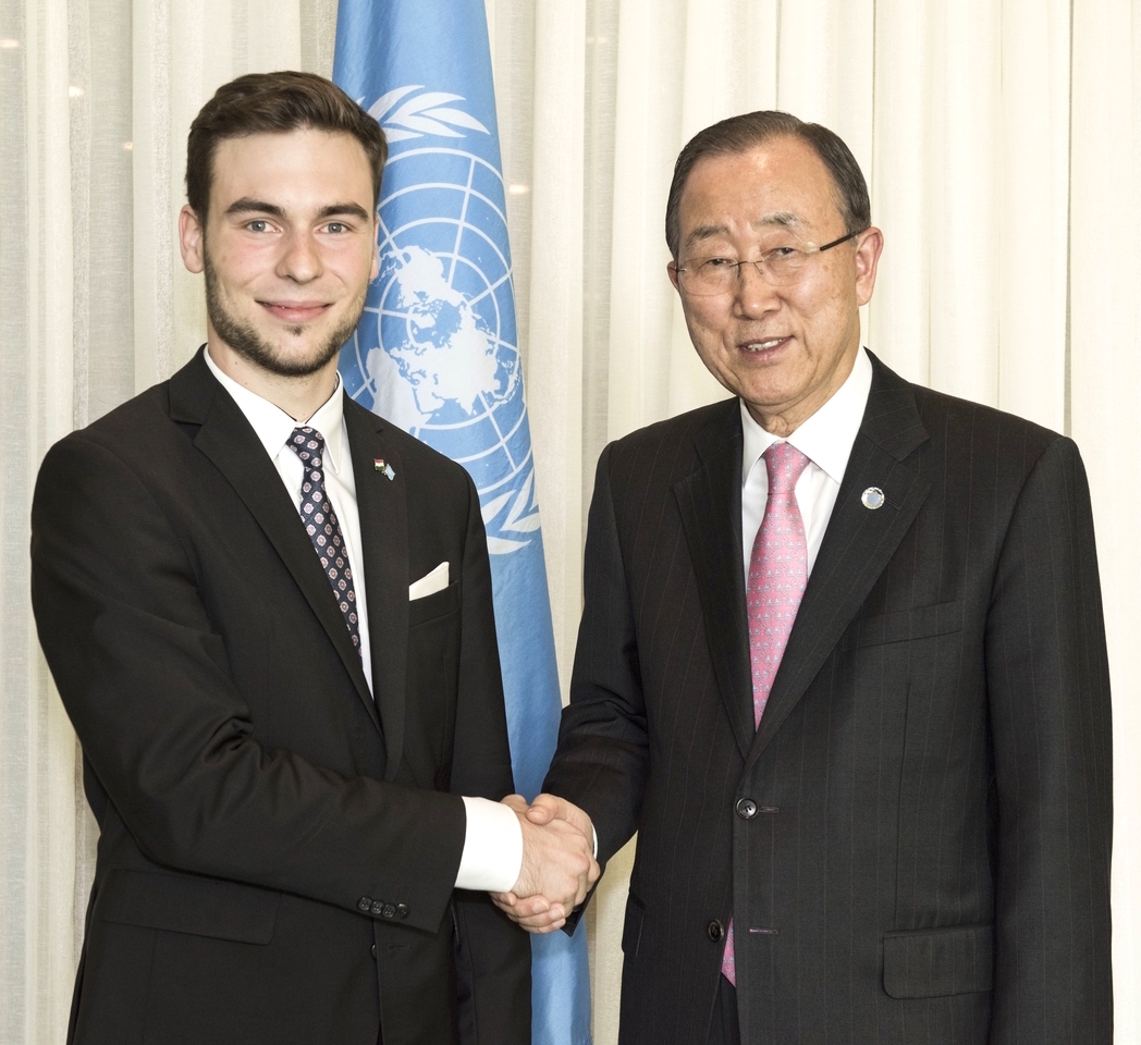 Andras Volom Youth Delegate of Hungary to the UN with Secretary-General Ban Ki-Moon